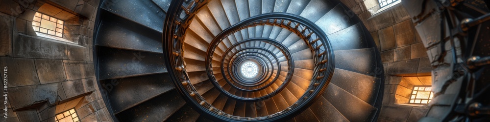 Obraz premium A spiraling staircase in a tall stone tower like in a lighthouse. 