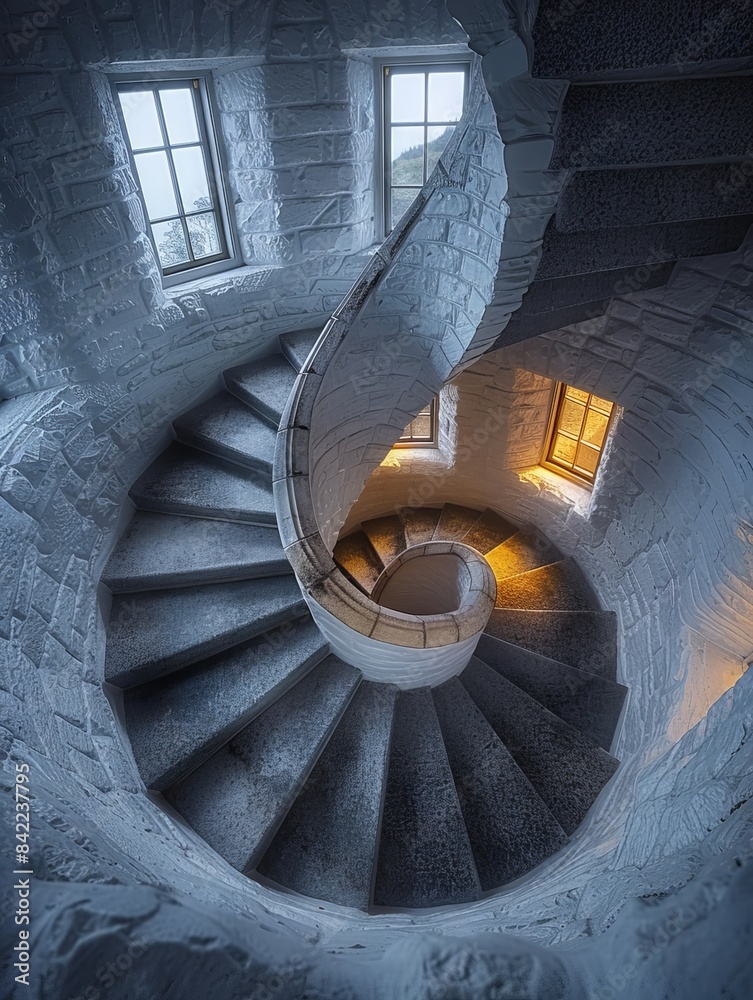 Fototapeta premium A spiraling staircase in a tall stone tower like in a lighthouse. 