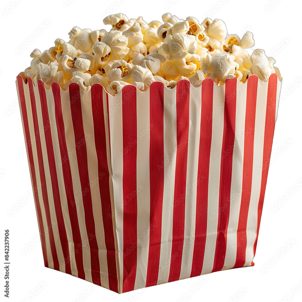 popcorn in a red and white striped paper bag isolated on transparent background ,generative ai