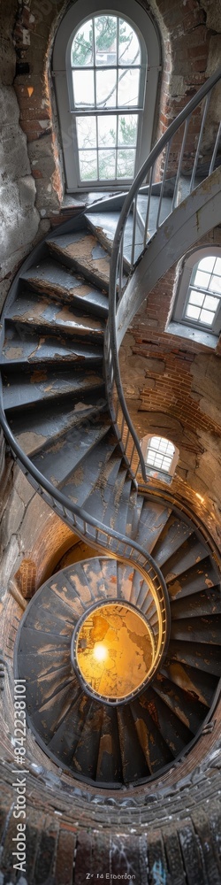 Fototapeta premium A spiraling staircase in a tall stone tower like in a lighthouse. 