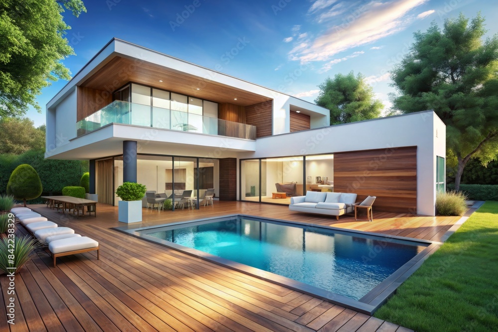 Fototapeta premium Modern style white house exterior with wooden terrace and blue tile swimming pool 3d render,There is a living room and dining room inside overlooking the green courtyard in the middle of the house