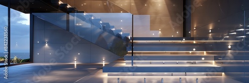 An entrance of a modern home with a staircase featuring thick glass steps and a laser-cut steel railing, illuminated by a series of small recessed lights photo