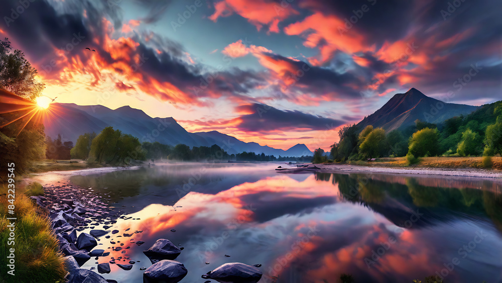 sunset over the river Ai generative HD 8K wallpaper Stock Photographic ...