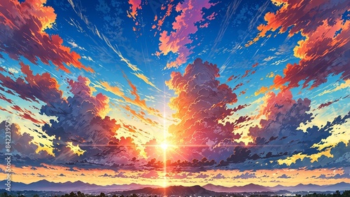 雲と太陽のイラスト風景,Generative AI AI画像