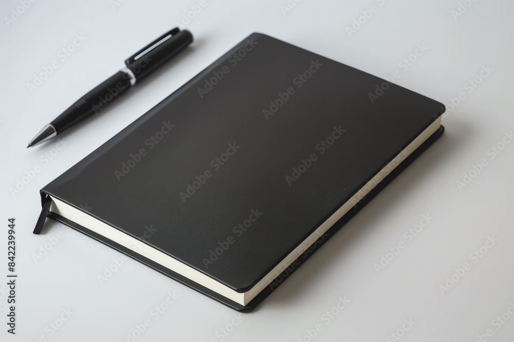 Black leather bound notebook with pen on white background. Black leather bound notebook with pen on white background.