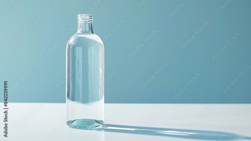 Clear glass bottle with water on a white table with a blue background. Clear glass bottle with water on a white table with a blue background.