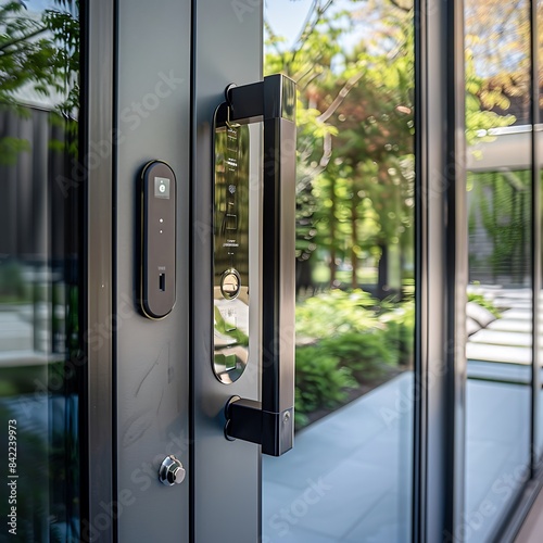 A detailed view of a suburban house front door, showcasing modern design with smart lock technology and custom glasswork.