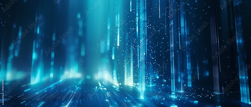 A futuristic abstract composition featuring glowing blue light beams and vertical lines, creating a dynamic and hightech atmosphere against a dark background A futuristic abstract composition featuring glowing blue light beams and vertical lines, creating a dynamic and hightech atmosphere against a dark background