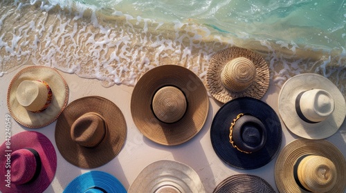 A stack of hats forming a circle pattern on the beach, resembling a fluid organism in an art installation. This unique recreation blends science and creativity in a liquidlike display AIG50