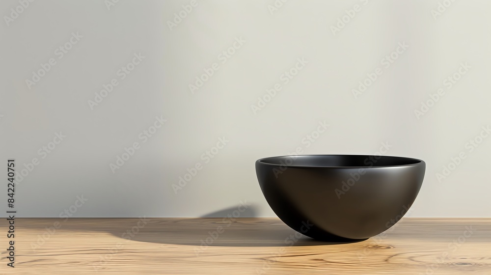 Simple black ceramic bowl on a wooden table, no patterns or logos, with a clean white background Simple black ceramic bowl on a wooden table, no patterns or logos, with a clean white background