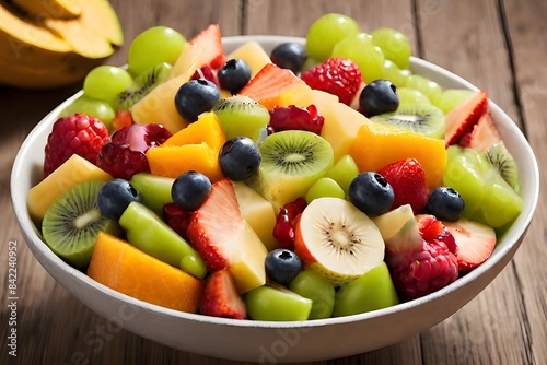 Bowl of healthy fresh fruit salad on wooden background. Top view.