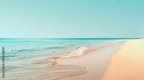 A serene landscape featuring a coastal beach with crystal clear water  waves gently rolling in under a sunny sky dotted with fluffy clouds  creating a picturesque horizon AIG50