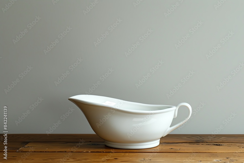 White ceramic sauce boat with a single handle, isolated on a wooden table. White ceramic sauce boat with a single handle, isolated on a wooden table.