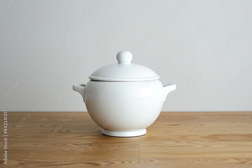 White ceramic serving bowl with lid and handles. White ceramic serving bowl with lid and handles.