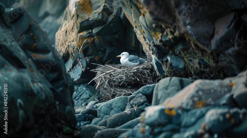 A seabird with a sharp beak, part of the Charadriiformes order, is perched on a rock nest made of natural materials on the bedrock soil landscape AIG50 photo