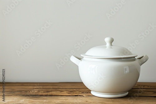 White ceramic soup tureen with lid on rustic wooden table. photo