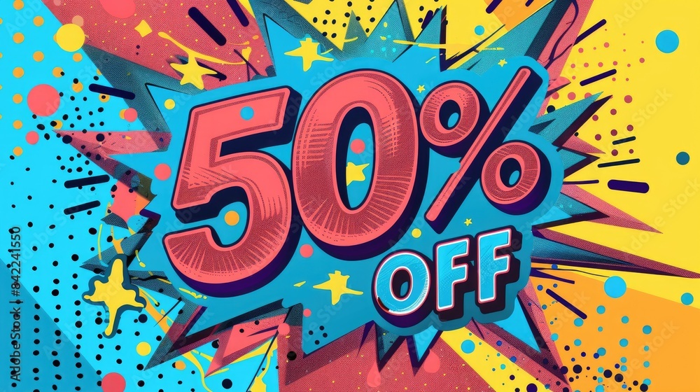 Pop art style text 50% off discount banner Pop art style text 50% off discount banner