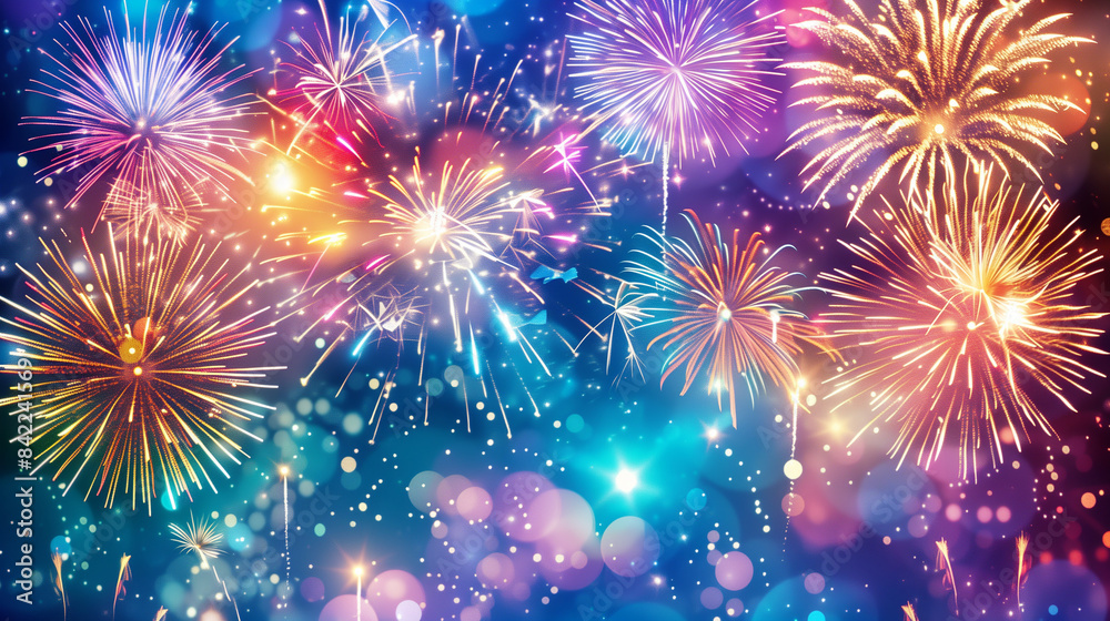 Naklejka premium A vibrant and colorful display of fireworks lighting up the night sky. The fireworks burst into an array of colors including bright reds, blues, greens, and yellows, creating a dazzling spectacle. The