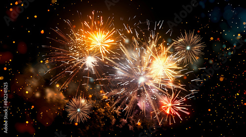 A vibrant and colorful display of fireworks lighting up the night sky. The fireworks burst into an array of colors including bright reds, blues, greens, and yellows, creating a dazzling spectacle. The
