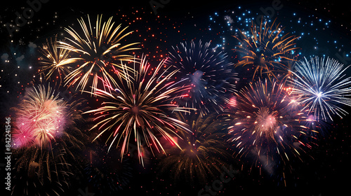 A vibrant and colorful display of fireworks lighting up the night sky. The fireworks burst into an array of colors including bright reds, blues, greens, and yellows, creating a dazzling spectacle. The