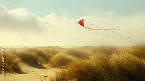 A red kite soars gracefully over a desert landscape in a painting, with cumulus clouds dotting the sky and adding to the atmosphere of heat and wind AIG50 photo