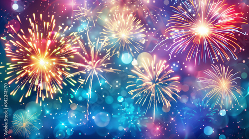 A vibrant and colorful display of fireworks lighting up the night sky. The fireworks burst into an array of colors including bright reds, blues, greens, and yellows, creating a dazzling spectacle. The