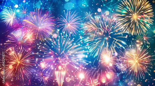 A vibrant and colorful display of fireworks lighting up the night sky. The fireworks burst into an array of colors including bright reds, blues, greens, and yellows, creating a dazzling spectacle. The