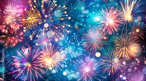 A vibrant and colorful display of fireworks lighting up the night sky. The fireworks burst into an array of colors including bright reds, blues, greens, and yellows, creating a dazzling spectacle. The
