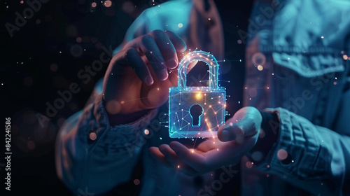 Businessman using AI for Cybersecurity and privacy concepts to protect data. Lock icon and internet network security technology. Businessman protecting personal data.