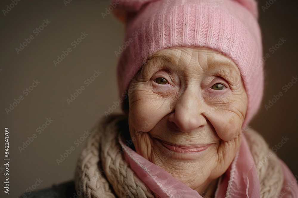 Grandma patient cancer smile on background realristic photo in studio for advertising.