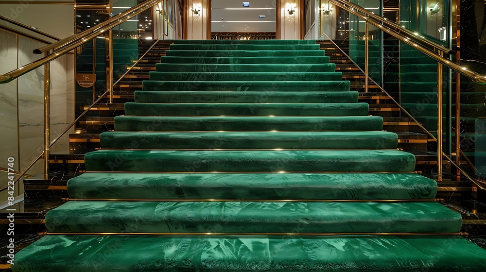 Obraz premium A grand entrance in a luxury home with a staircase covered in a plush emerald green carpet, each step framed with brushed brass edges