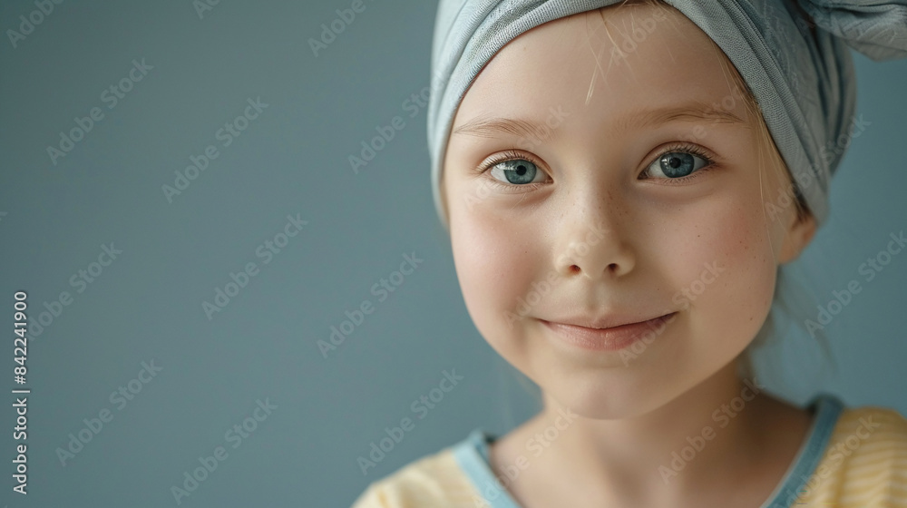 Kids girl patient cancer smile on background realristic photo in studio for advertising. Kids girl patient cancer smile on background realristic photo in studio for advertising.