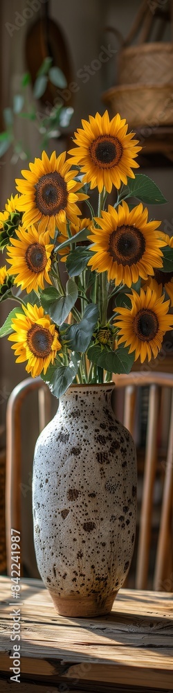 A vase of sunflowers on a rustic wooden table. A vase of sunflowers on a rustic wooden table.