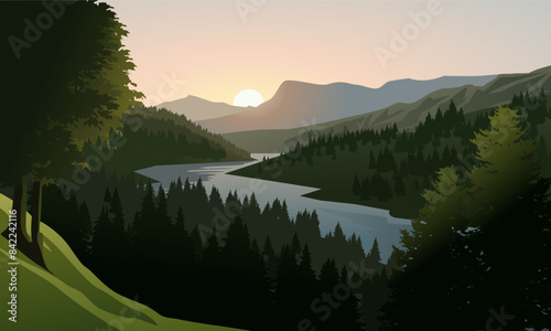 Scenic sunrise landscape with river, forest and mountains