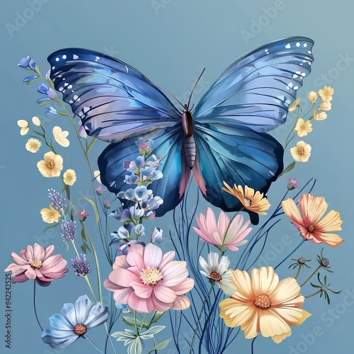 blue butterfly and flowers