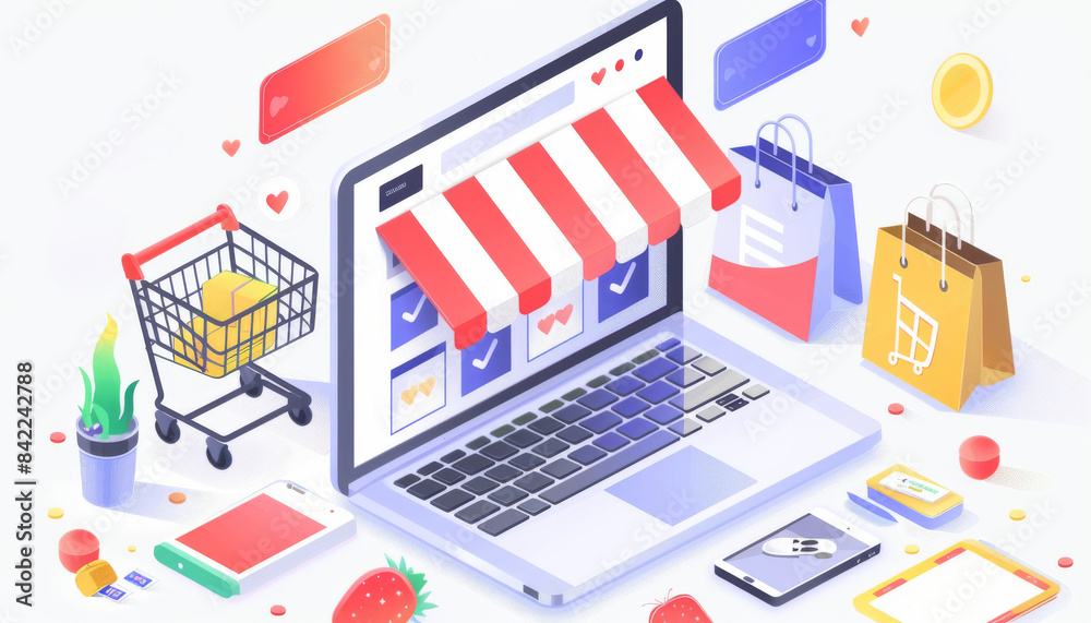 Isometric illustration of online shopping with laptop, shopping cart, credit cards, and shopping bags. Isometric illustration of online shopping with laptop, shopping cart, credit cards, and shopping bags.