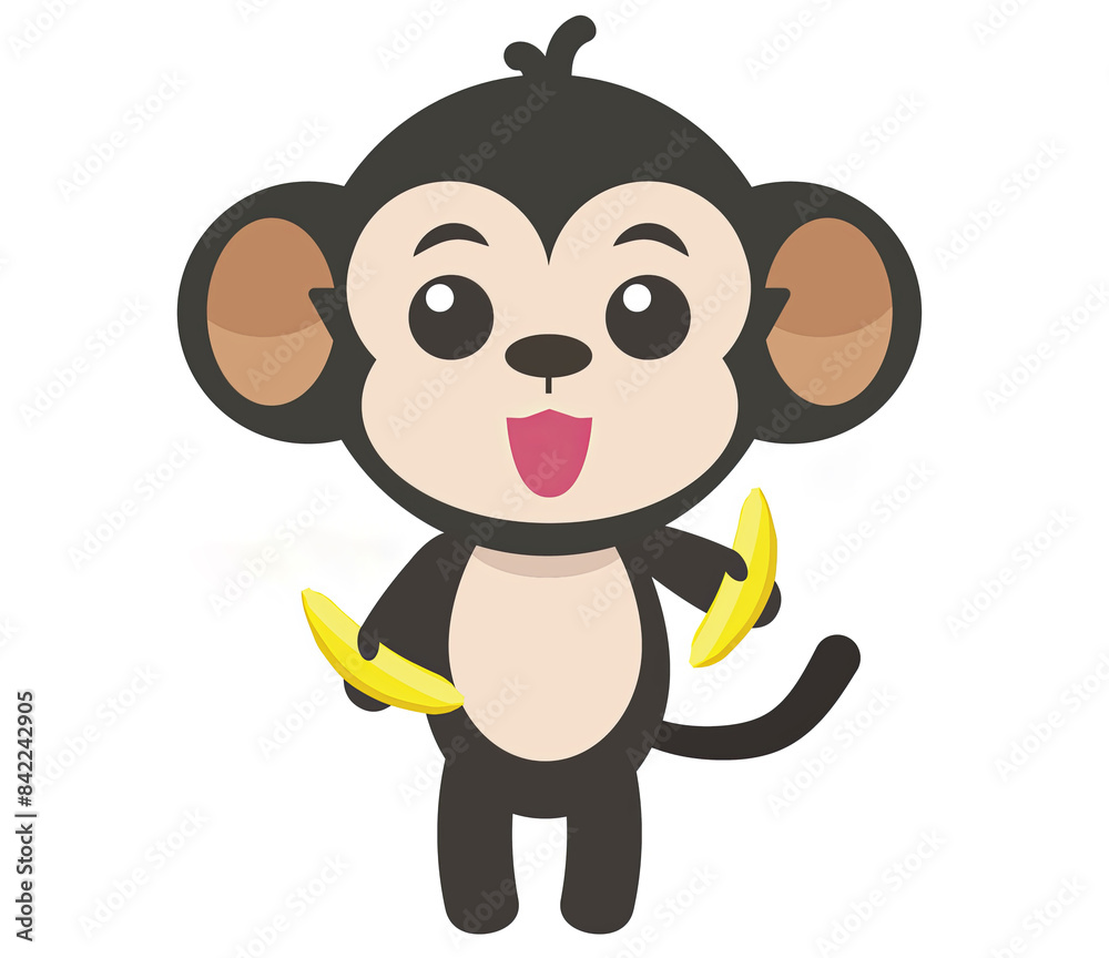Naklejka premium Cute cartoon monkey holding bananas, smiling happily. Illustration of an adorable playful animal. Perfect for children's designs.
