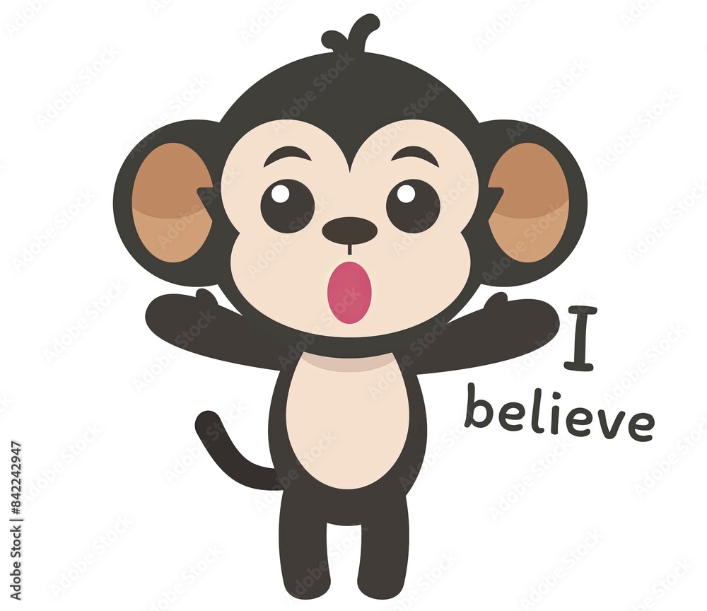 Naklejka premium Cute cartoon monkey with arms raised and text 'I believe'. Adorable character perfect for children's designs, cards, and illustrations.