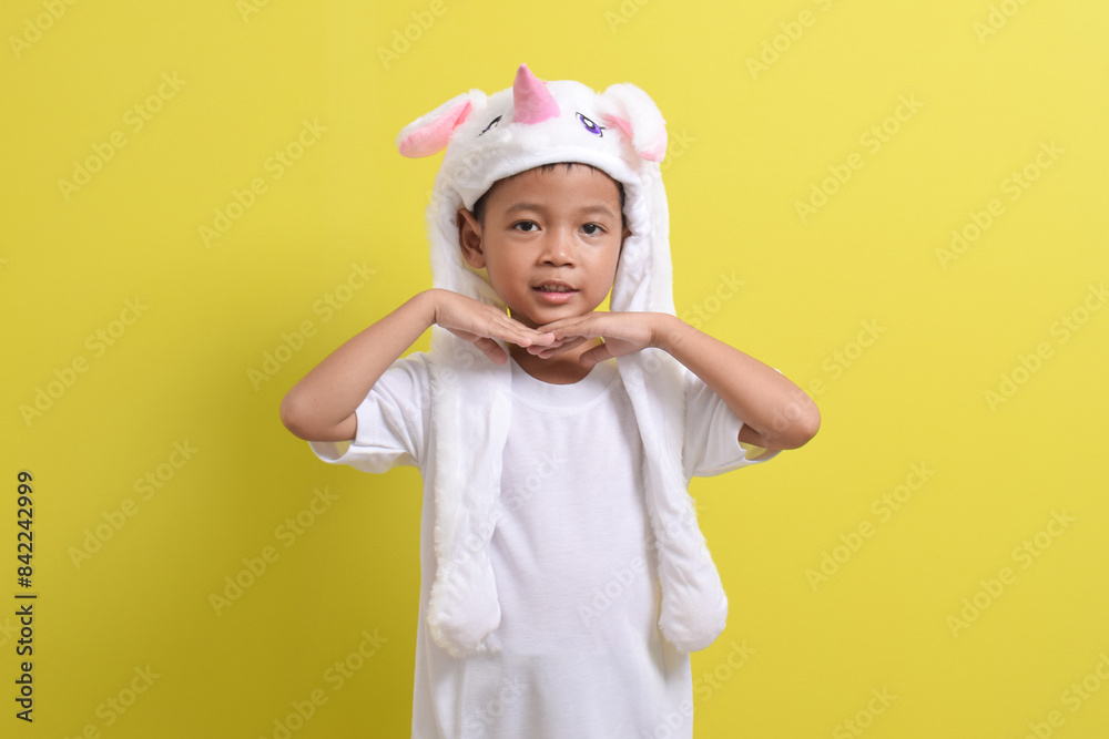 Asian little boy posing wearing cute character hat on yellow background. Portrait of a cute Asian boy Asian little boy posing wearing cute character hat on yellow background. Portrait of a cute Asian boy