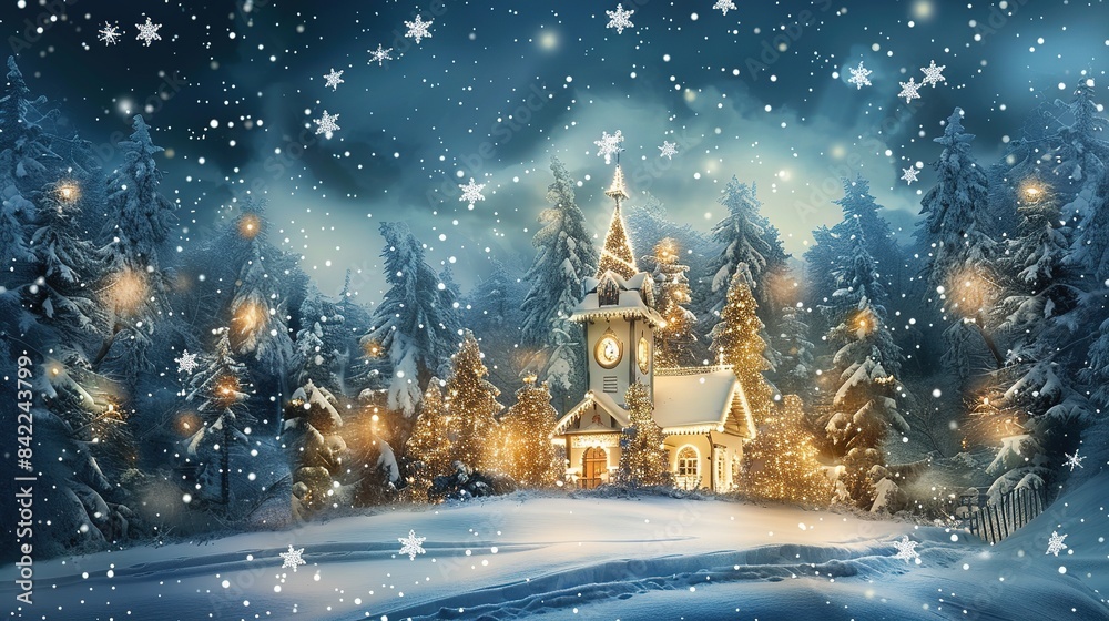 Enchanting Christmas Scene with Ancient Church in Snowy Pine Forest Enchanting Christmas Scene with Ancient Church in Snowy Pine Forest