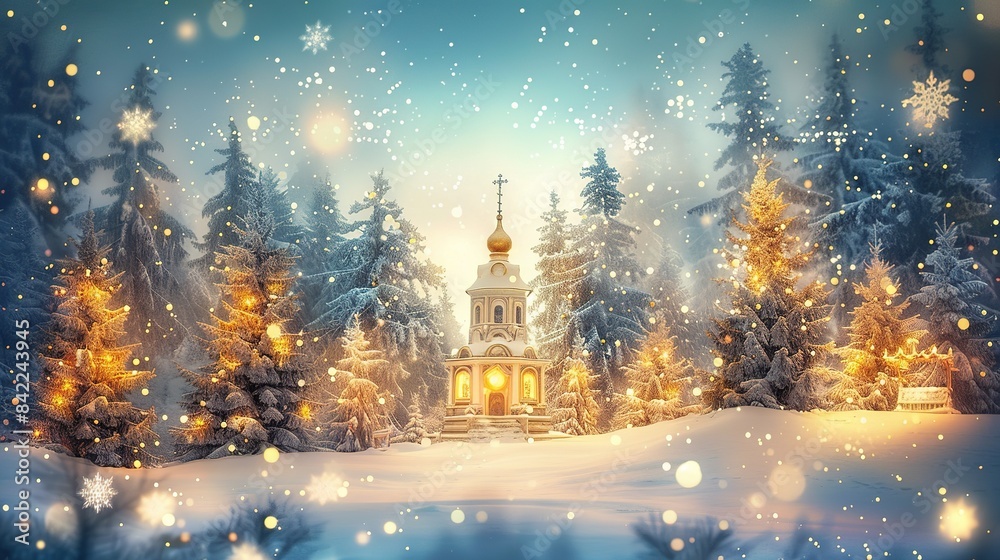 Fototapeta premium Enchanting Christmas Scene with Ancient Church in Snowy Pine Forest