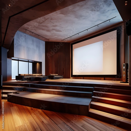 A home cinema room in a suburban house, designed with acoustically optimized walls, tiered seating, and a large screen.
