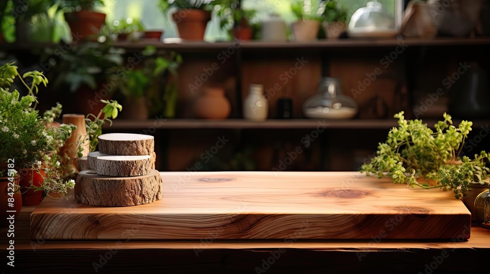 Wood podium product stand or display with cinematic light and blur background Wood podium product stand or display with cinematic light and blur background