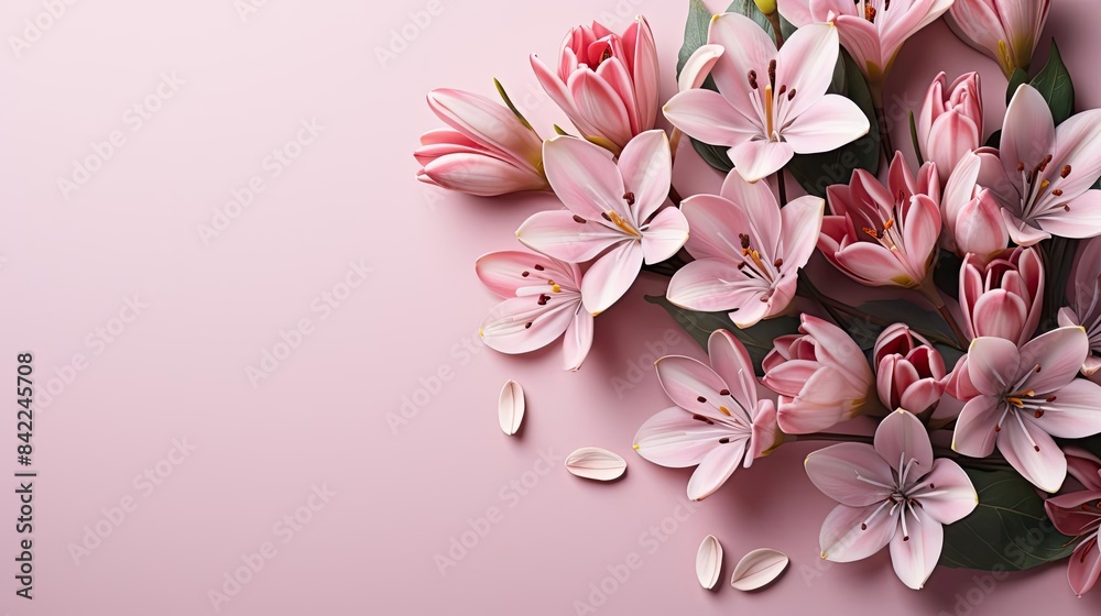 top view of beautiful flowers on pink background for valentine banner or poster
