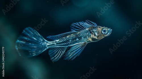 Lanternfish swimming in the depths of the sea, the soft light emitted by the lanternfish illuminates the darkness of the sea, producing a mysterious and amazing atmosph, Ai generated Images