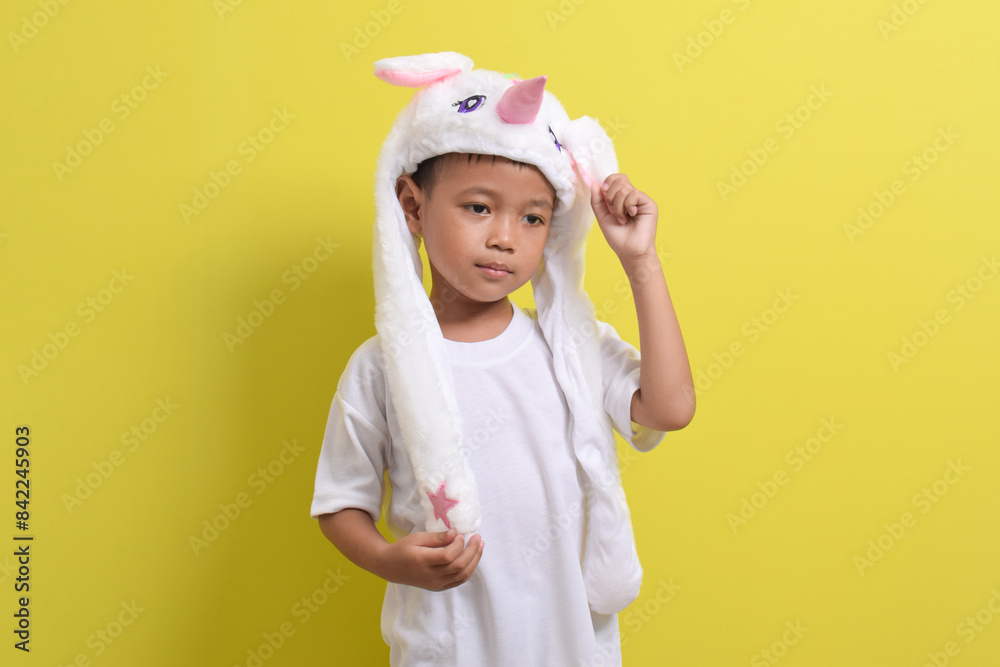 Asian little boy posing wearing cute character hat on yellow background. Portrait of a cute Asian boy Asian little boy posing wearing cute character hat on yellow background. Portrait of a cute Asian boy