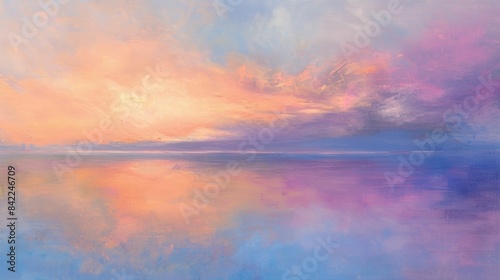 A rectangle painting of a natural landscape featuring a lake with a beautiful sunset in the background. The sky is filled with cumulus clouds  creating a stunning art piece AIG50