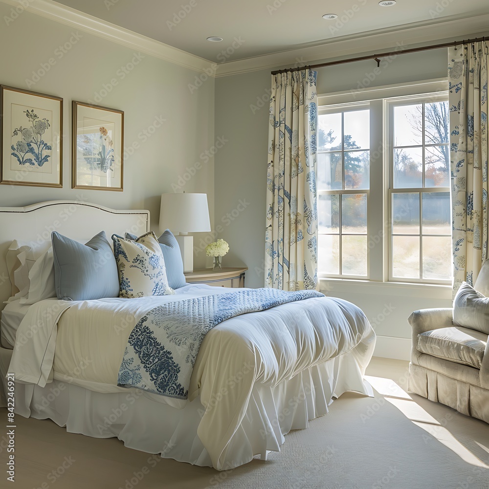 A luxurious guest room in a suburban house, with high-end furnishings, fine linens, and a calming color scheme. A luxurious guest room in a suburban house, with high-end furnishings, fine linens, and a calming color scheme.