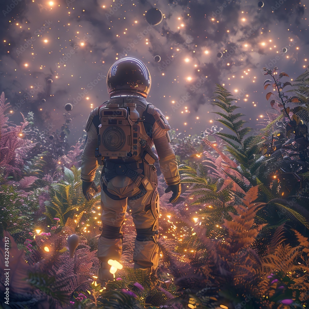 Fototapeta premium Astronaut standing in a surreal, glowing forest under a starry sky.