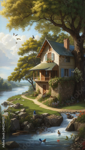 A bird is sitting under a tree a river ai generative photo